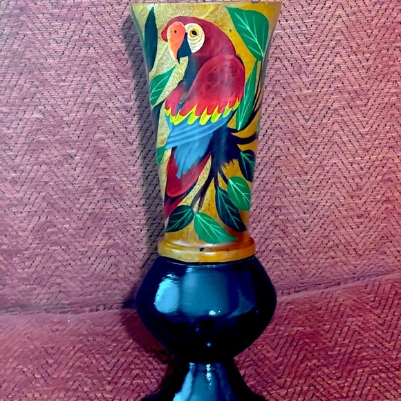Wooden Hand Turned Hand Painted Scarlet Macaw Vase. - Picture 1 of 9